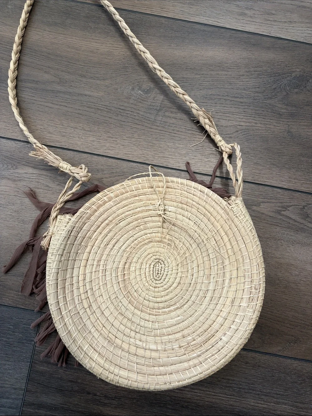 Woven Round Straw Crossbody Bag with Taupe Fringe
